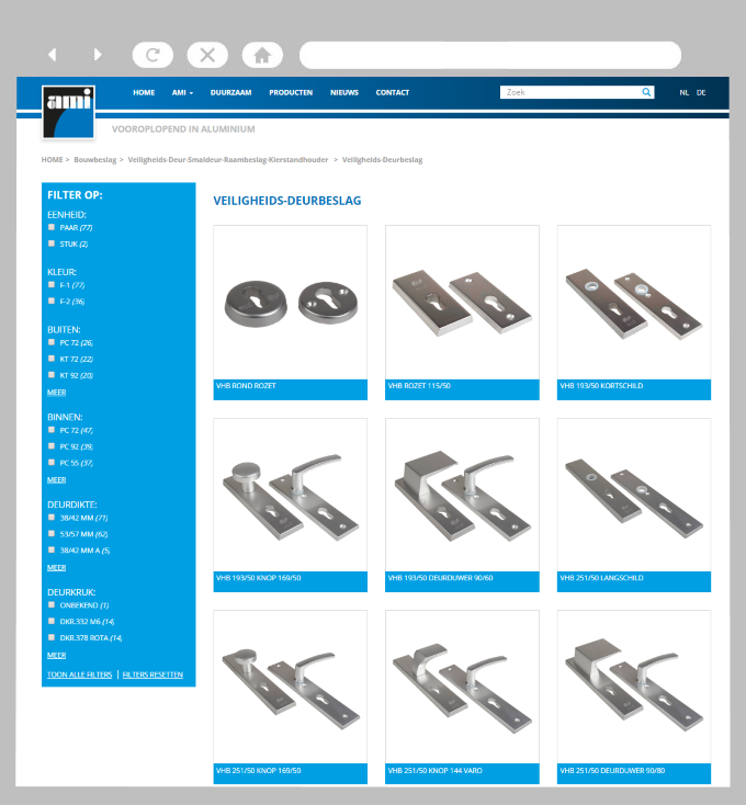 Voorbeeld van een producten overzicht in de webshop van AMI