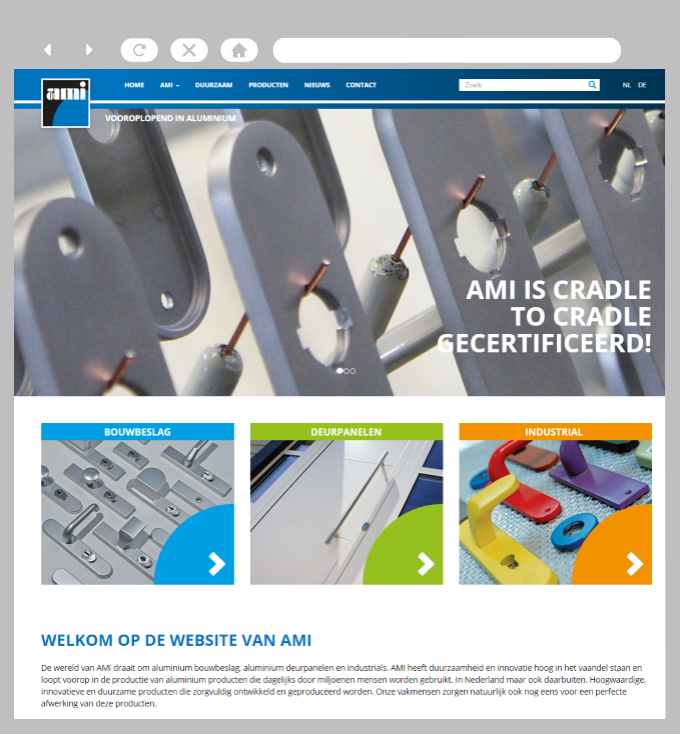 De homepage van de nieuwe webshop van AMI, opgedeeld in drie gebieden. 