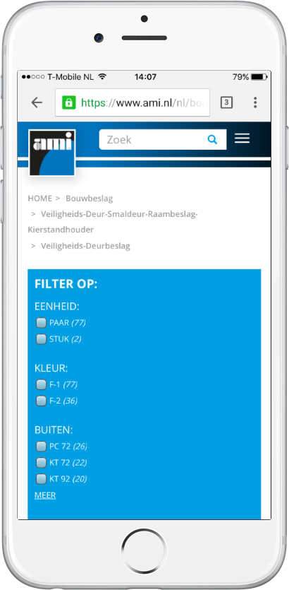 Het fitlermenu uitgeklapt, filters zijn dus ook te gebruiken op smartphone.