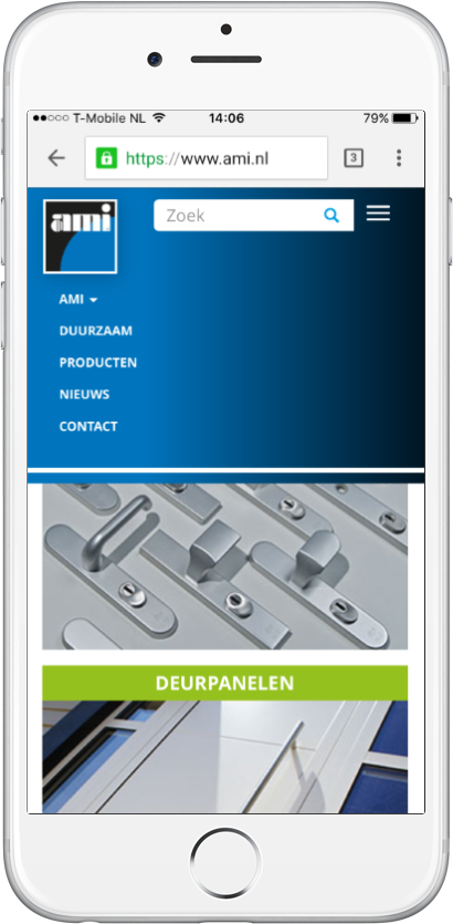 Screenshot van het menu van AMI op smartphone weergave