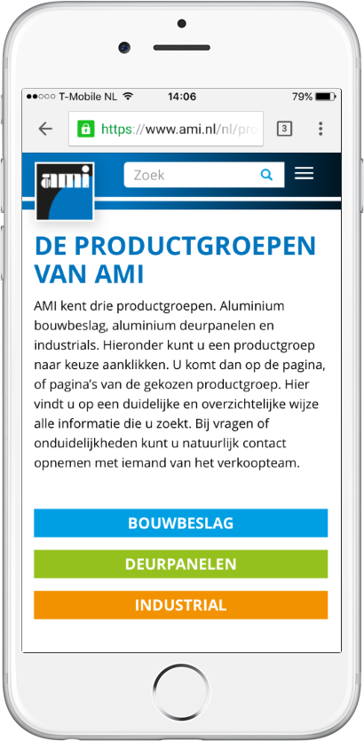 De drie productgebieden van AMI op smartphone weergave