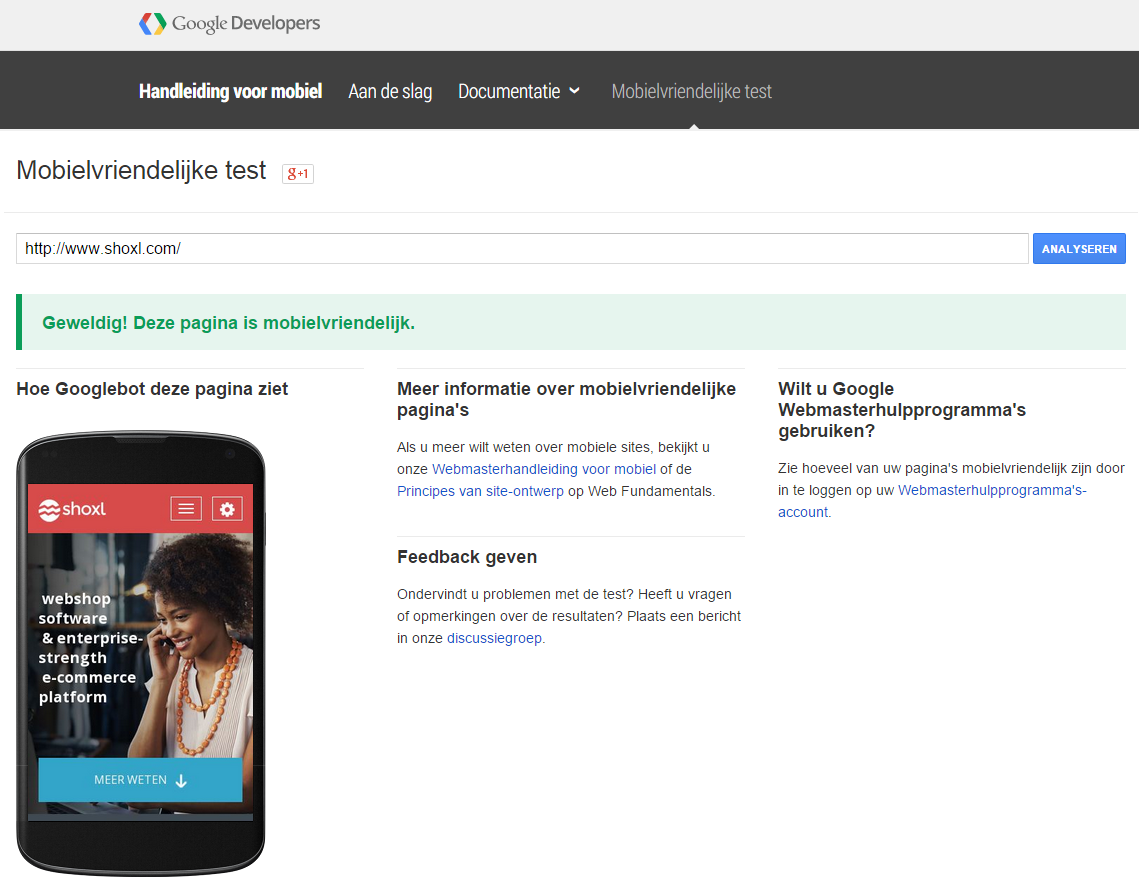 Voorbeeld Shoxl getest op mobielvriendelijkheid