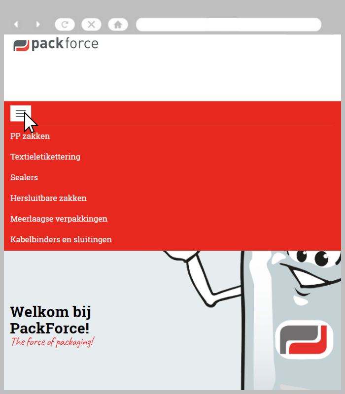 Packforce's homepage op smartphone grootte