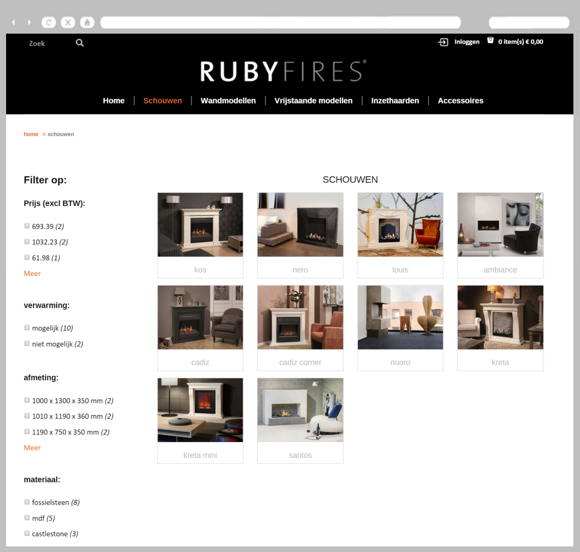 Roby Fires webshop voorbeeld, schouwen overzichtspagina