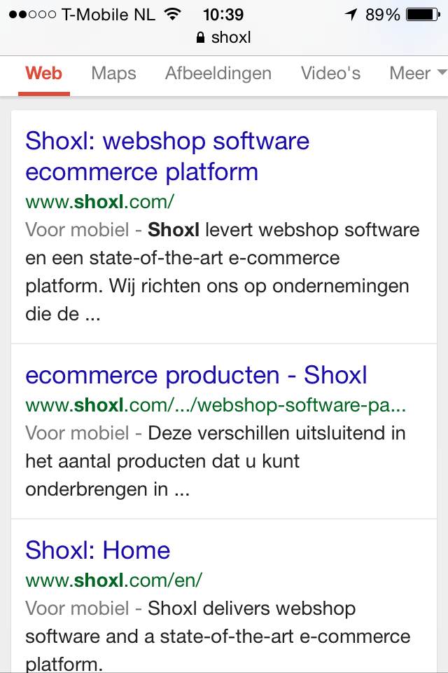 Shoxl met 'voor mobiel' tag in zoekresultaten