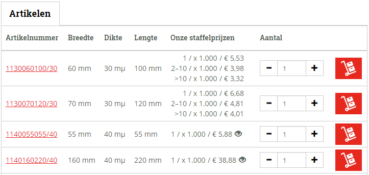 Producttabel van Packforce met staffelprijzen