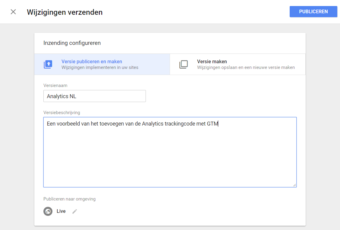 Voorbeeld van het publiceren van een GTM versie