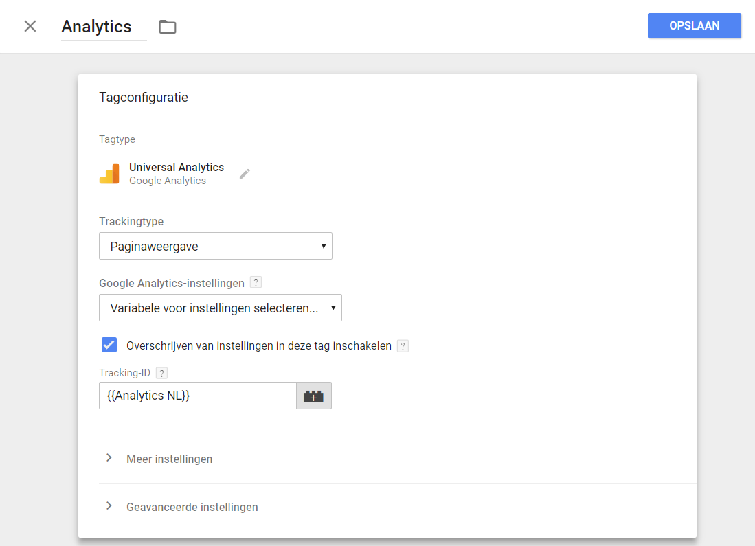 Voorbeeld van de Google Analytics tracking ID toegevoegd via GTM